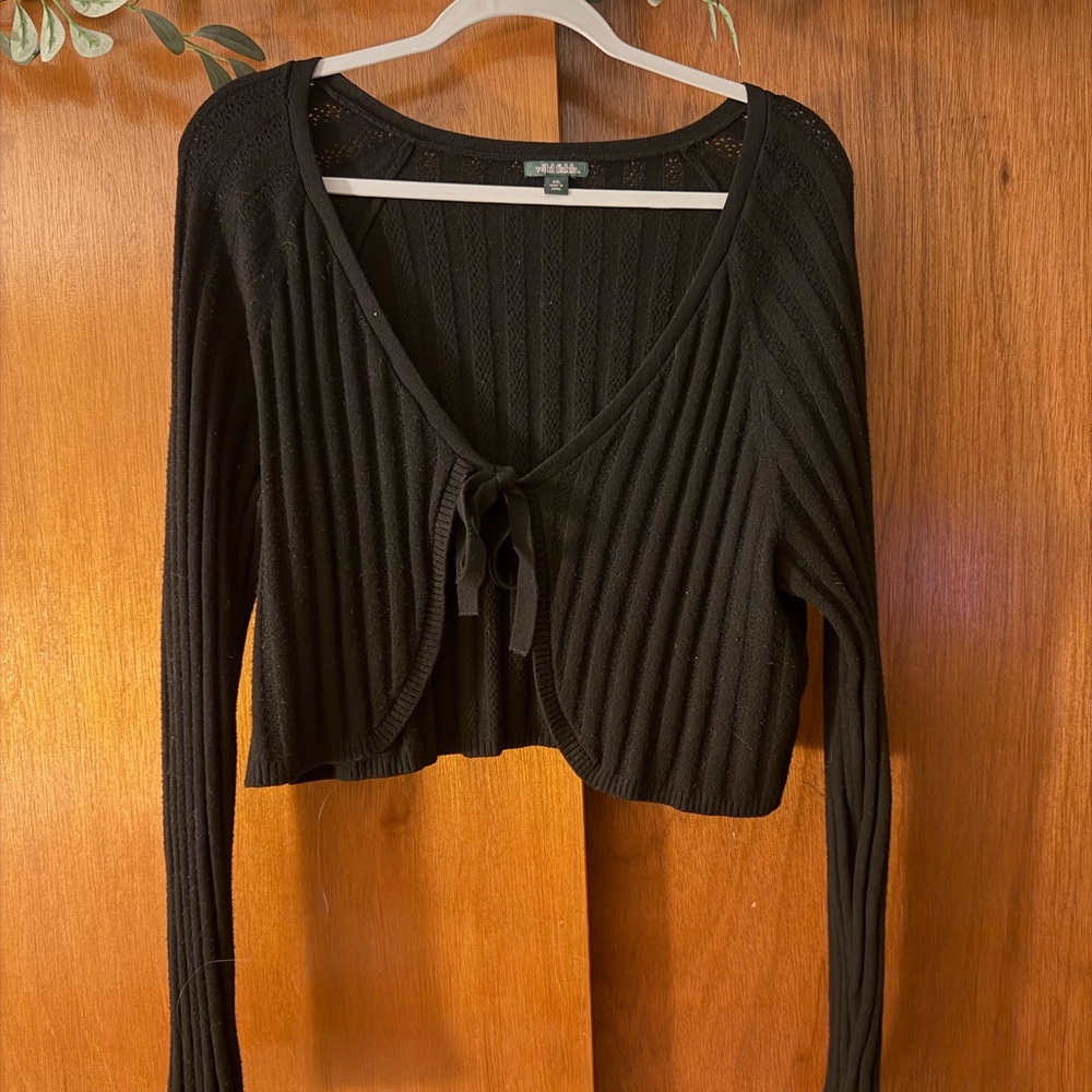 wild fable Black Cropped Tie-Front Ribbed Cardigan